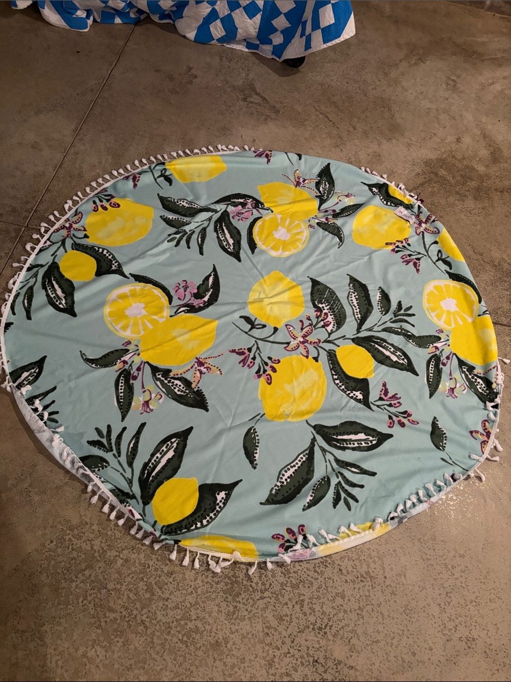 Adore Me Yellow Lemon Print Round Beach Towel on Light Blue